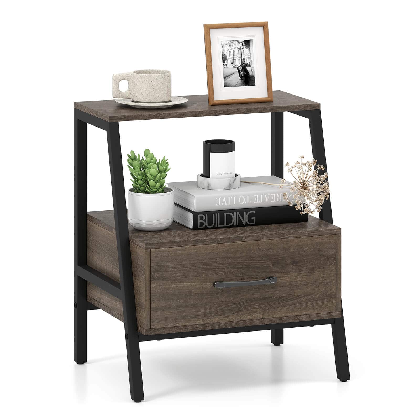 Costway - 1 PCS Nightstand with Drawer Farmhouse 3-Tier Bedside Table with Open Shelf End Table - Gray
