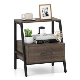 Costway - 1 PCS Nightstand with Drawer Farmhouse 3-Tier Bedside Table with Open Shelf End Table - Gray