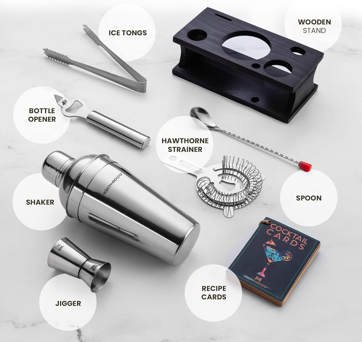 - ICE TONGS
- WOODEN STAND
- BOTTLE OPENER
- HAWTHORNE STRAINER
- SHAKER
- SPOON
- JIGGER
- RECIPE CARDS