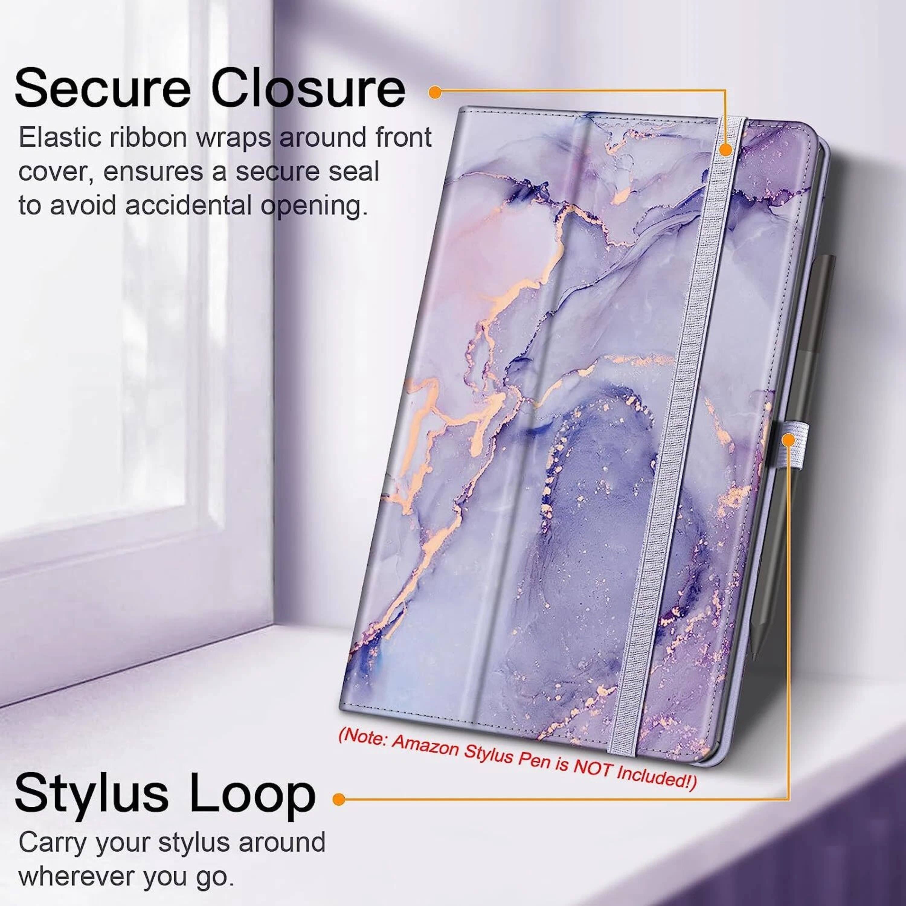 Secure Closure: Elastic ribbon wraps around front cover, ensures a secure seal to avoid accidental opening. (Note: Amazon Stylus Pen is NOT Included!) Stylus Loop: Carry your stylus around wherever you go.