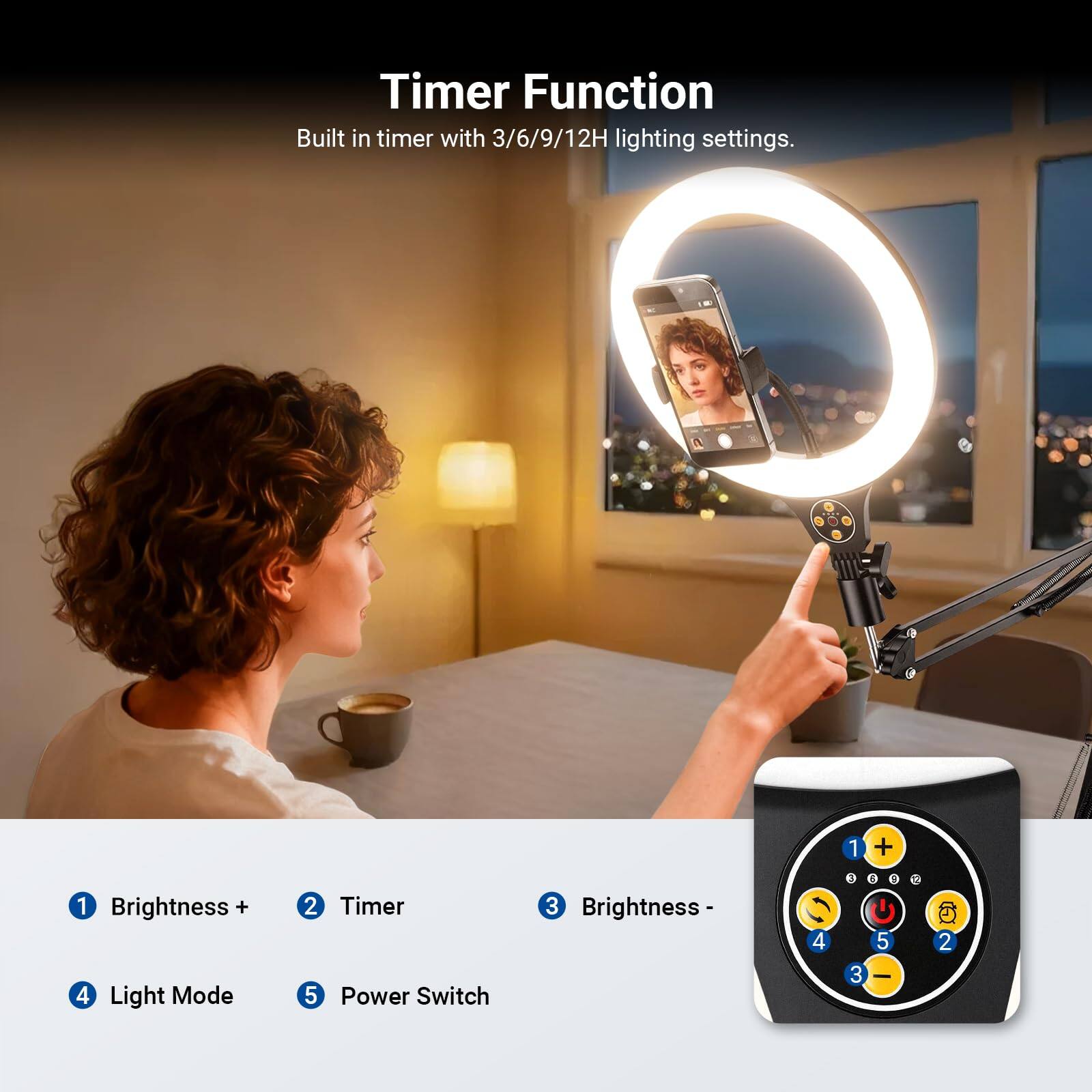 Timer Function  
Built in timer with 3/6/9/12H lighting settings.  

1. Brightness +  
2. Timer  
3. Brightness -  
4. Light Mode  
5. Power Switch