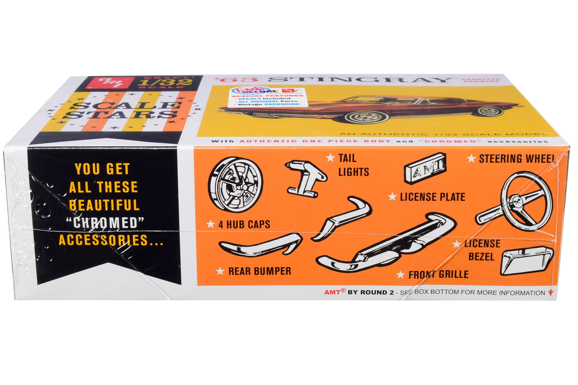 Sure, here is the corrected and grouped text from the image:

---

**1/32 SCALE STARS**

**YOU GET ALL THESE BEAUTIFUL "CHROMED" ACCESSORIES...**

- 4 HUB CAPS
- REAR BUMPER
- LICENSE PLATE
- LICENSE BEZEL
- FRONT GRILLE
- TAIL LIGHTS
- STEERING WHEEL

**With AUTHENTIC ONE PIECE BODY and "CHROMED" ACCESSORIES**

**AMT BY ROUND 2**

**SEE BOX BOTTOM FOR MORE INFORMATION**

---

**'63 STINGRAY**

**AN AUTHENTIC 1/32 SCALE MODEL**

**INCLUDES:**

- REGULARS Included
- Vintage PACKAGING

**AMT**

---