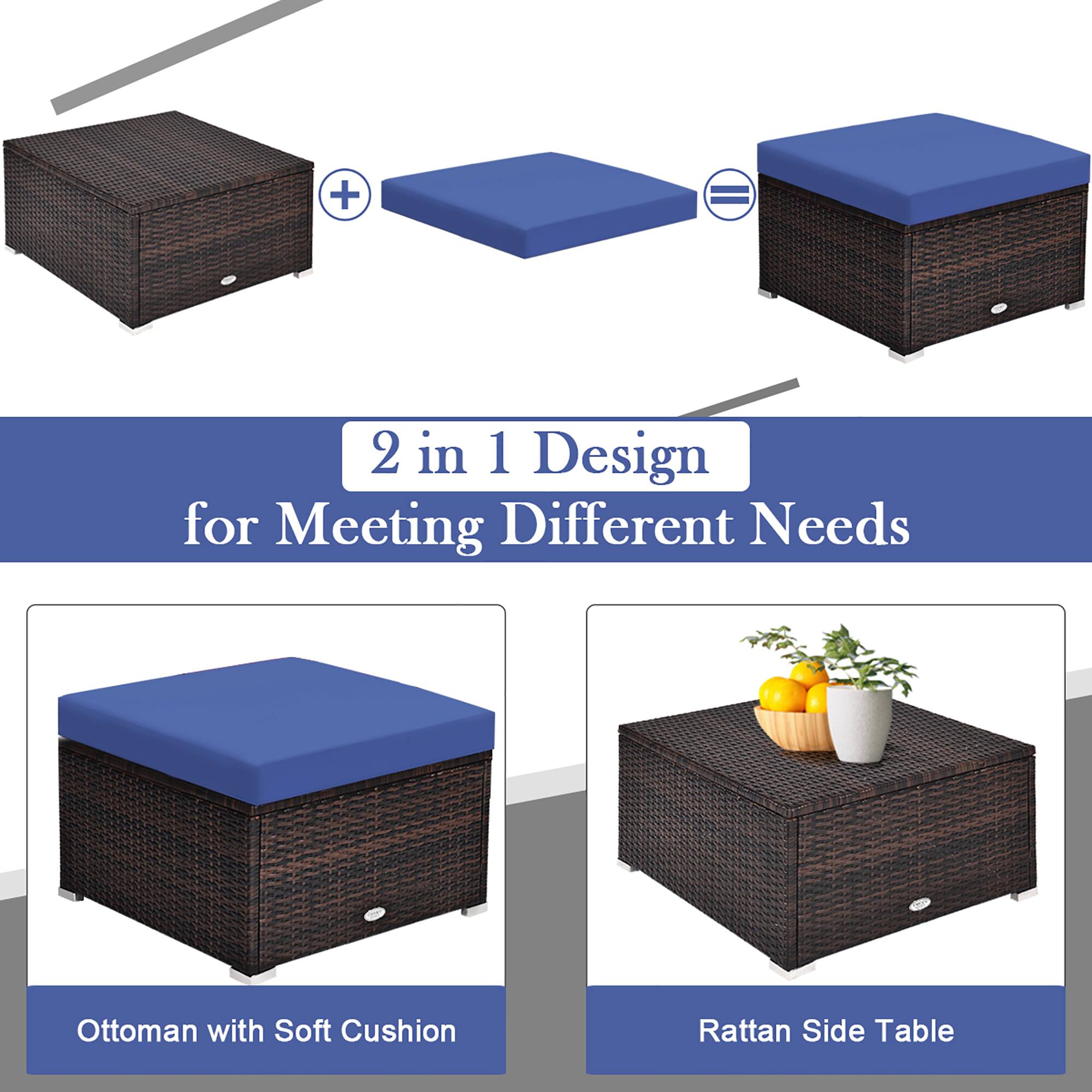 The text on the image is grouped and corrected as follows:

"2 in 1 Design for Meeting Different Needs: Ottoman with Soft Cushion + Rattan Side Table"