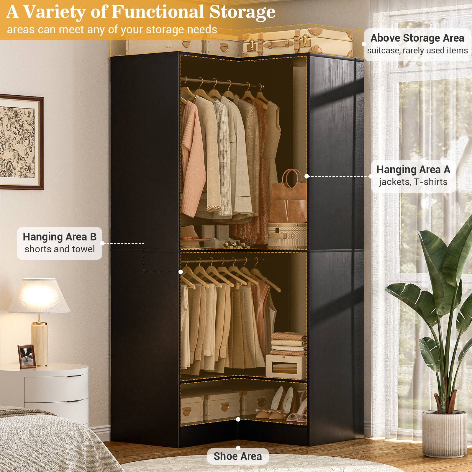 A Variety of Functional Storage areas can meet any of your storage needs

- Above Storage Area: suitcase, rarely used items
- Hanging Area A: jackets, T-shirts
- Hanging Area B: shorts and towel
- Shoe Area