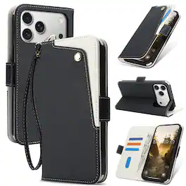 Dteck - Wallet Case for Apple iPhone 17 Pro,Slim PU Leather Flip Cover with Kickstand & Wrist Strap - Black