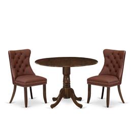 East West Furniture - 3 Piece Dining Table Set Contains a Round Kitchen Table with Dropleaf - Brown