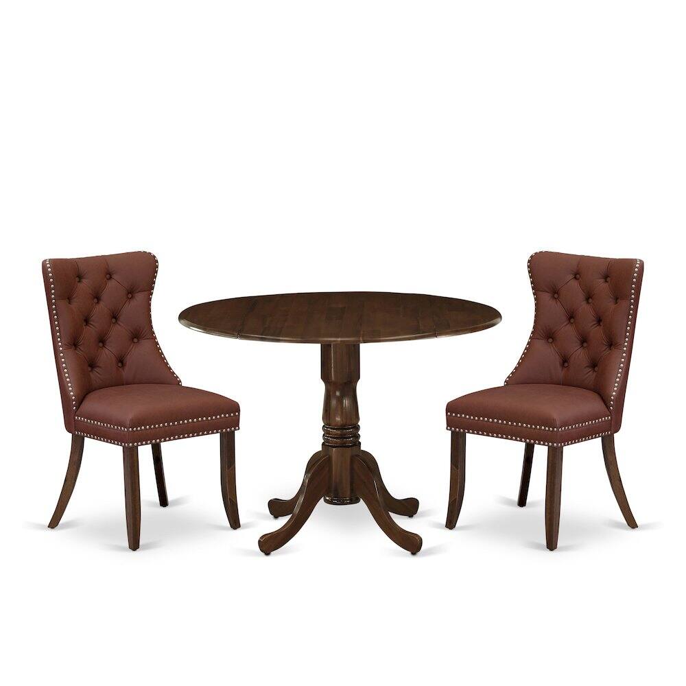 East West Furniture - 3 Piece Dining Table Set Contains a Round Kitchen Table with Dropleaf - Brown