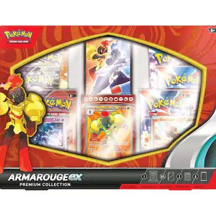**Pokémon Trading Card Game**
**Armarouge EX Premium Collection**
- **Includes:**
1. Card Protector
2. Card Sleeves
3. Promo Cards
4. 6 Boosters
**Cards:**
- Armarouge - 260
- Charcadet - 80
- Amy Crimitin - 40
- Scorching Strike - 40
**Promo Cards:**
- 65
**Age: 6+**