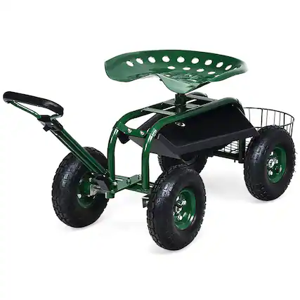 Front. Costway - Costway Garden Cart Rolling Work Seat with Tray Basket Extendable Handle - Green.