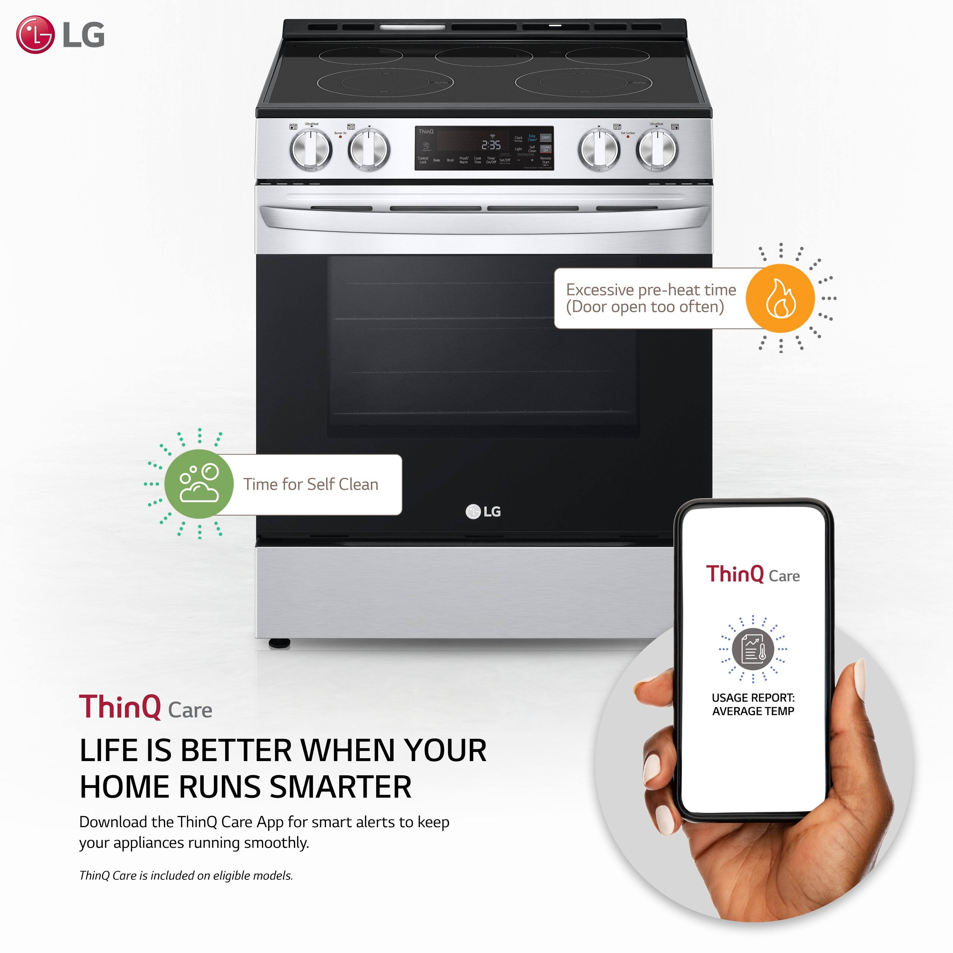 LG ThinQ Care: LIFE IS BETTER WHEN YOUR HOME RUNS SMARTER. Download the ThinQ Care App for smart alerts to keep your appliances running smoothly. USAGE REPORT: AVERAGE TEMP. ThinQ Care is included on eligible models.