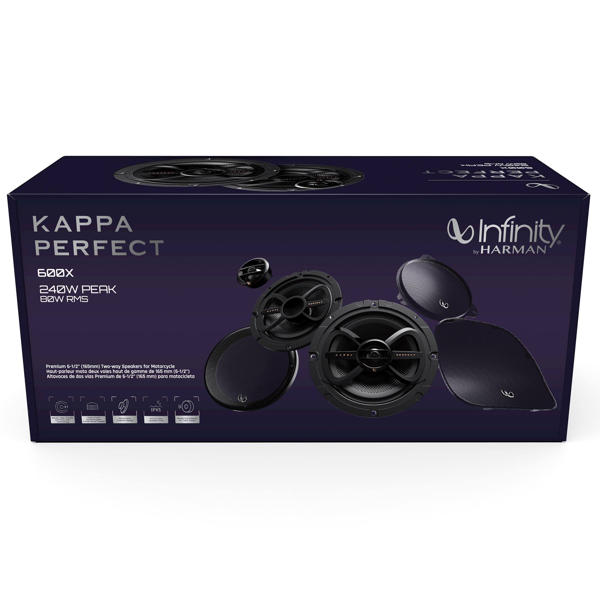 KAPPA PERFECT  
600X  
240W PEAK  
80W RMS  

Infinity by HARMAN  

Premium 6 1/4" (16cm) Two-way Speakers for Motorcycle  
Haute-fidélité moto voitures haute gamme de 165 mm (6 1/2")  
Attovi dos Premium de 6 1/4" (16cm) para motocicletta  

IP67