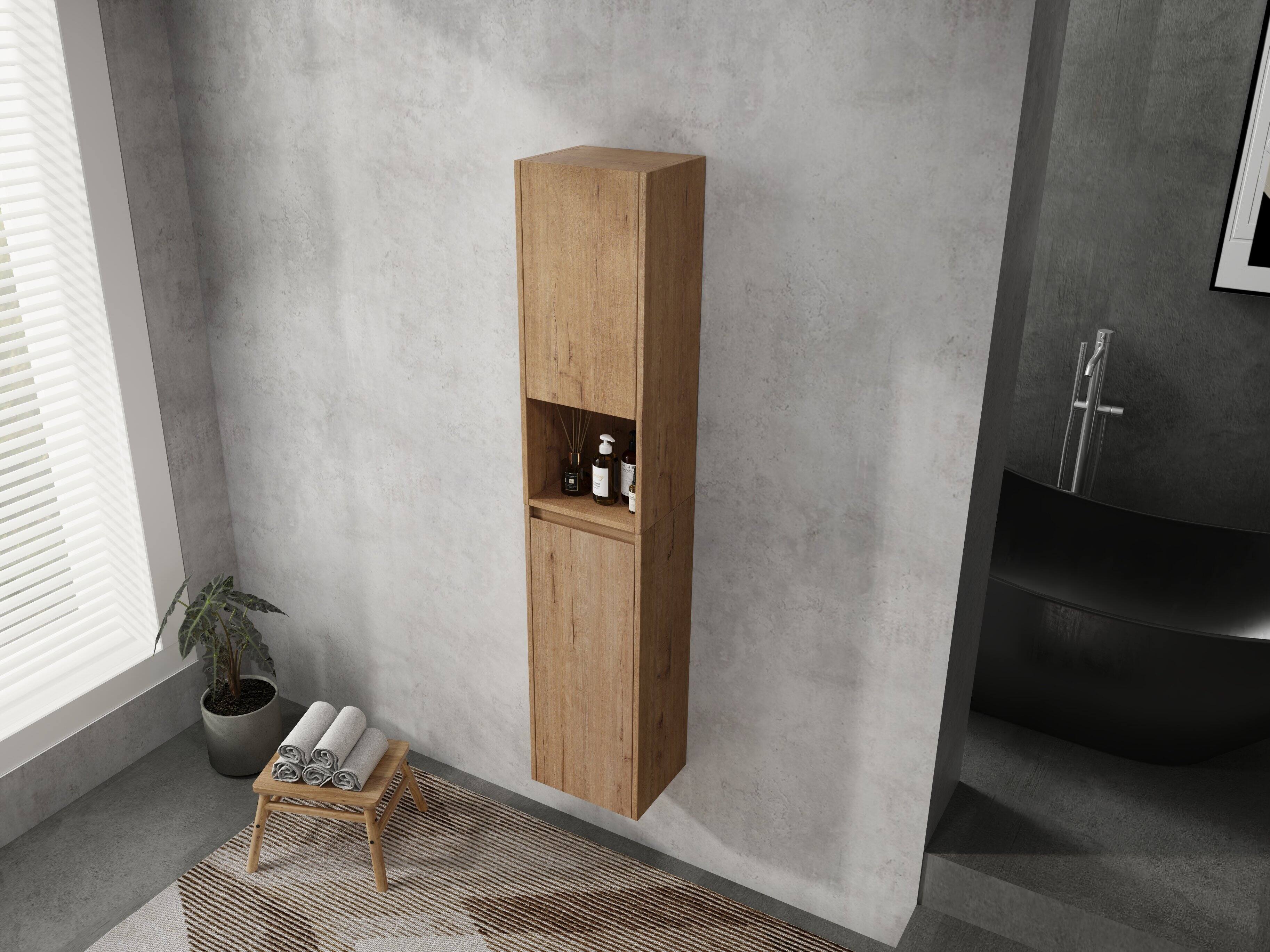 Alt View 2. TinyHomie - 12in Bathroom Side Cabinet Soft Close Doors Float Mounting Design Imitative Oak KD-Packing - Imitative Oak.
