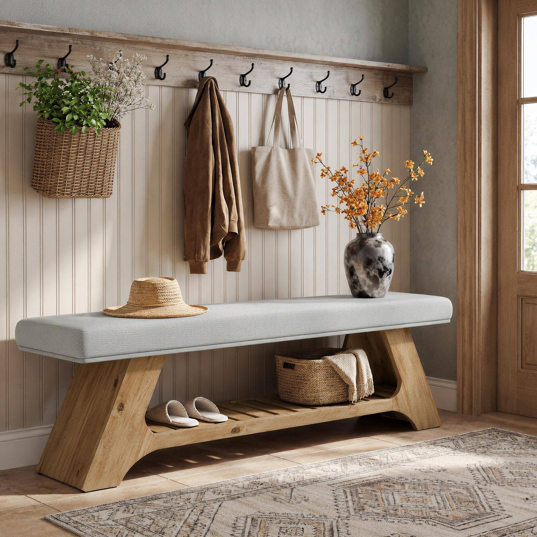 Alt View 4. Tribesigns - 55" Solid Wood Bench with Cushion, Upholstered Entryway Bench - Wood and Gray.