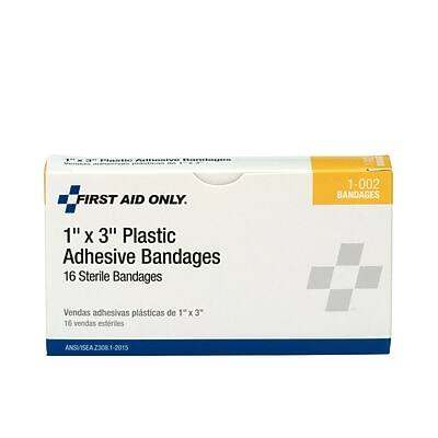 FIRST AID ONLY.

1" x 3" Plastic Adhesive Bandages  
16 Sterile Bandages

Vendas adhesivas plásticas de 1" x 3"  
16 vendas estériles

ANSI/ISEA Z308.1-2015