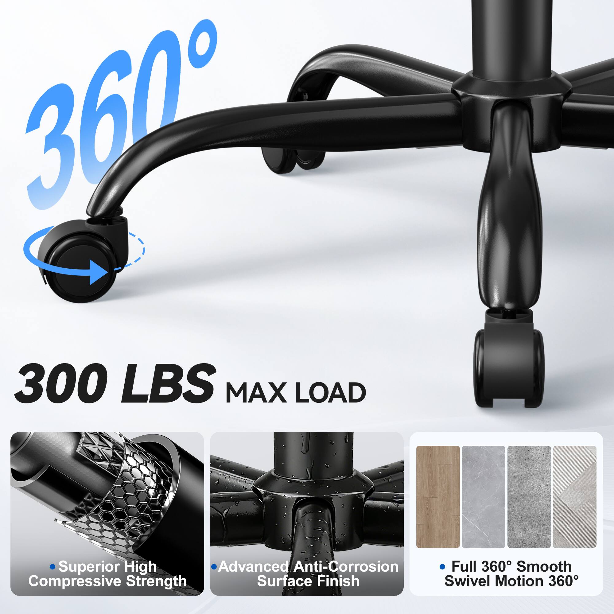 360°

300 LBS MAX LOAD

- Superior High Compressive Strength
- Advanced Anti-Corrosion Surface Finish
- Full 360° Smooth Swivel Motion