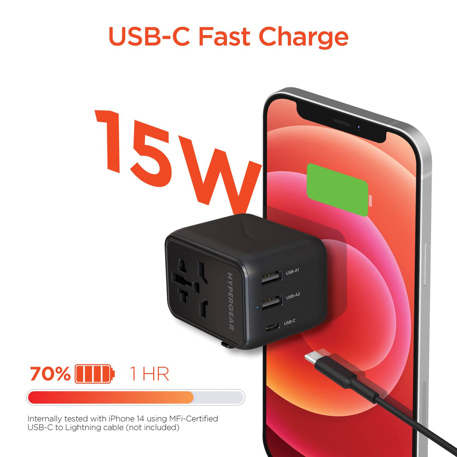 USB-C Fast Charge  
15W  
USB-A1 SA-Bzu HYPERGEAR us8-C  
70% 1 HR  
Internally tested with iPhone 14 using MFi-Certified USB-C to Lightning cable (not included)