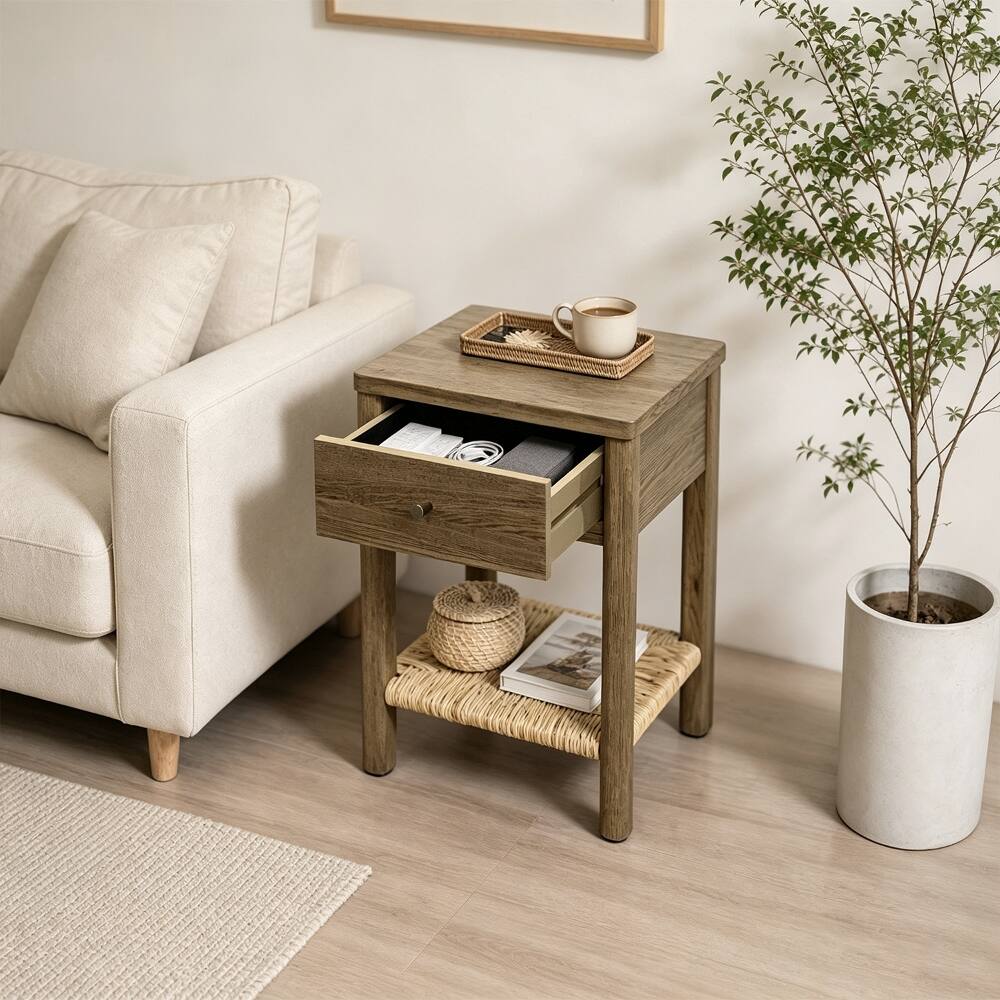 Angle. Loheer - Loheer Antique Grey Nightstand Solid Wood End Table with Woven Jute Shelf and Drawer - Antique Grey.