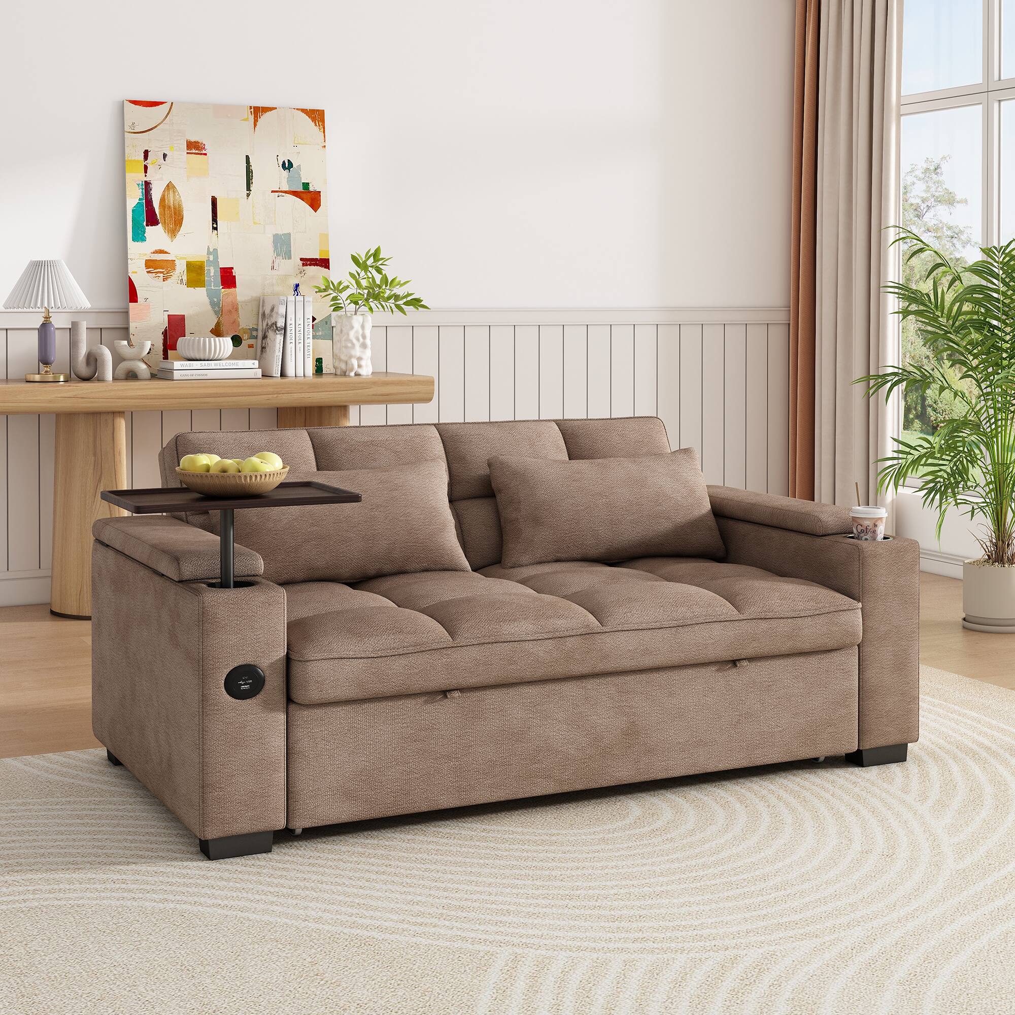 Left. Anysun - 65" 3-in-1 Chenille Convertible Sofa Bed - Pullout Design with 90° Swivel Table, Easy Assembly for Living Room - Khaki.