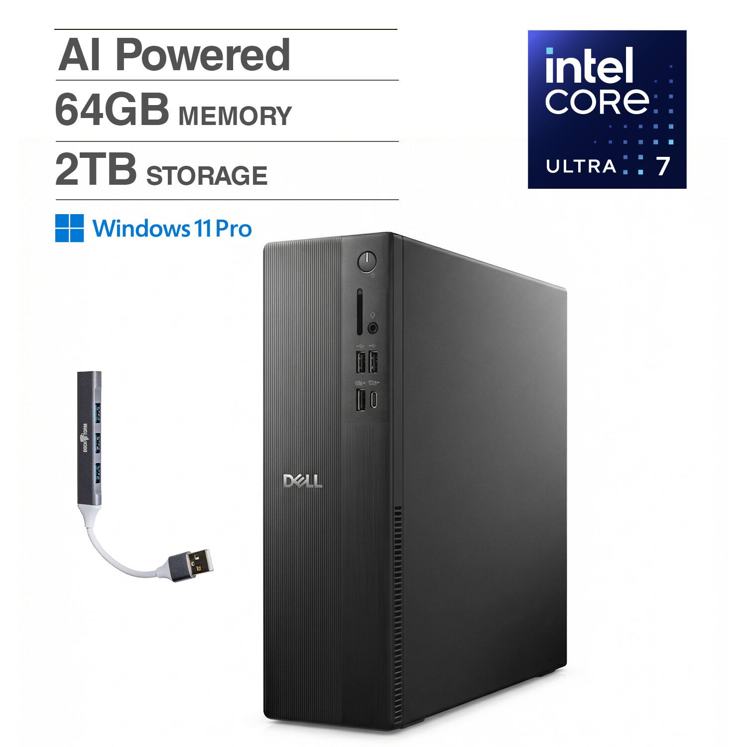 Dell - Slim ECS1250 Desktop (Intel Ultra 7-265, 64GB DDR5, 2TB PCIe SSD, Intel Graphics, Win 11 Pro) w/USB Hub - Black