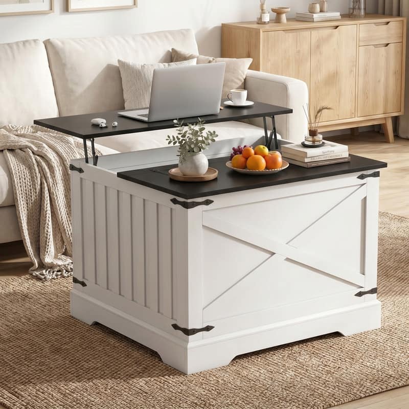 WELLFOR - 31.5 " Farmhouse Lift Top Coffee Table with Large Hidden Storage, Square Wood Center Table for Living Room - Black