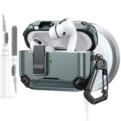 Front. Dteck - Case for Airpods Pro 3rd Gen (2025) with Magnetic Lock,Compatible with Mag Safe,Carbon Fiber Texture Cover + Carabiner - Green.