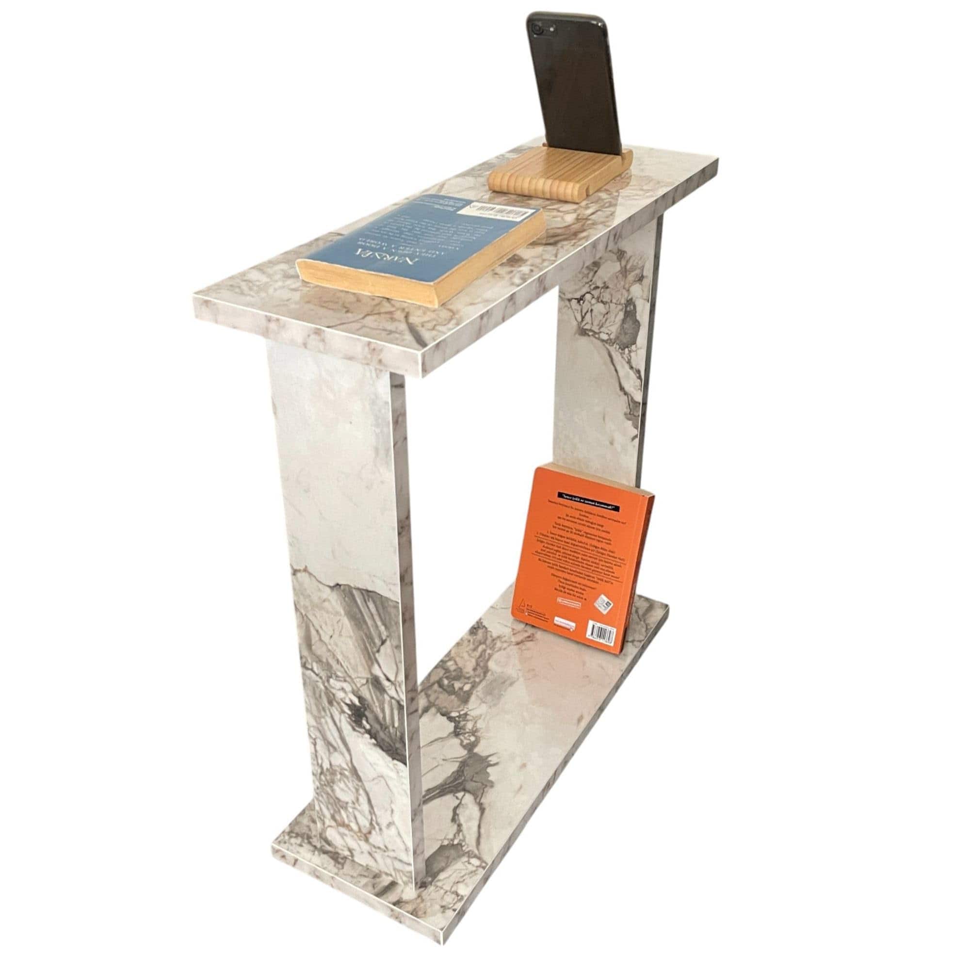 Fabibe - Very Narrow Side Table for Living Room, Small Apartment Space Between Chairs Skinny Table for Recliner, Couch - White Marble