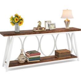 Hivvago - Industrial 70-inch Brown Wood Top Sofa Table with Heavy Duty White Metal Frame - White, Brown