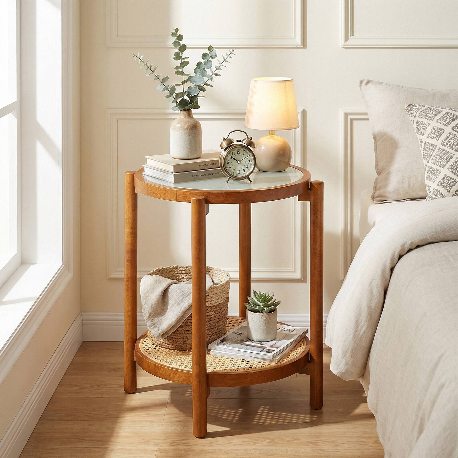 Alt View 3. Gymax - Gymax 2PCS Round Side Table w/Tempered Glass Top Storage Shelf Acacia Wood Legs Walnut - Brown.