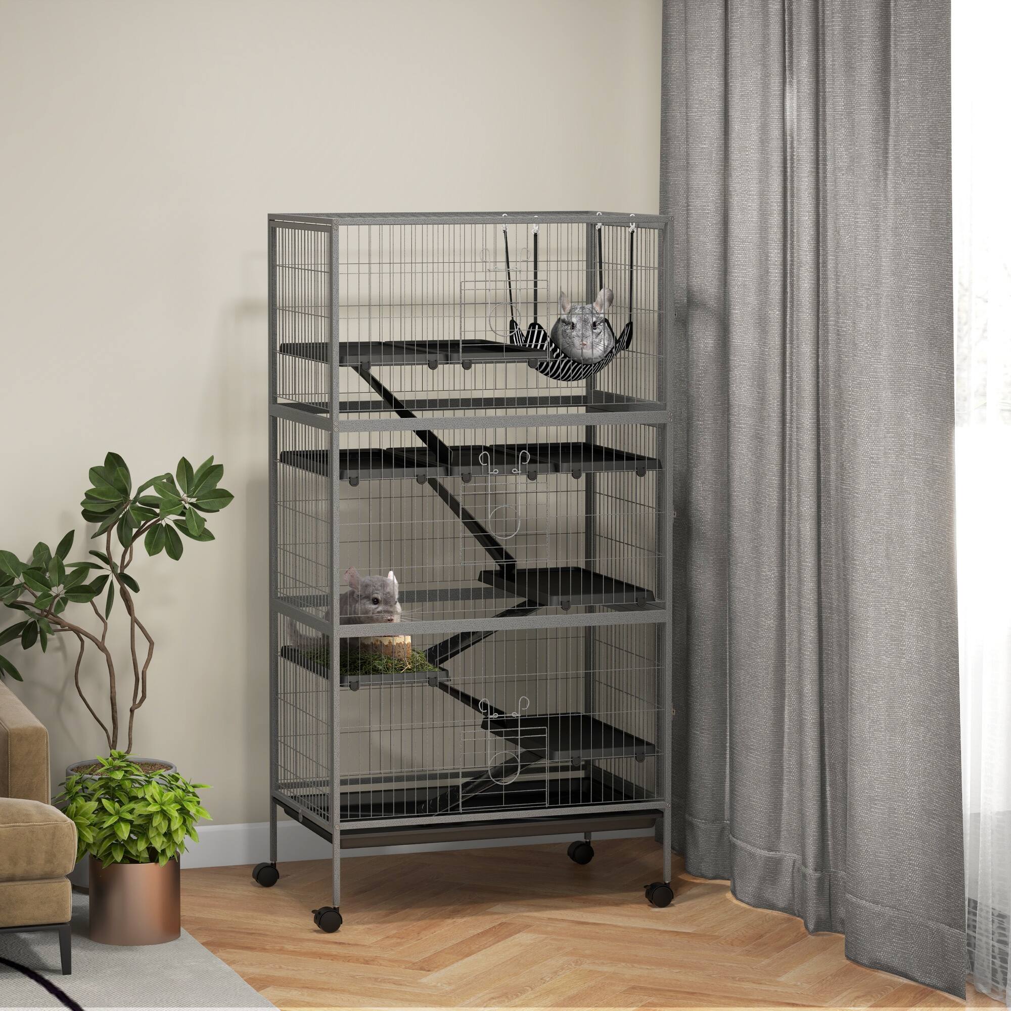 Angle. Pawhut - Metal Small Animal Cage, 6-Tiers Rolling Big Ferret Cage with Hammock, Removable Tray, Chinchilla, Sugar Glider.