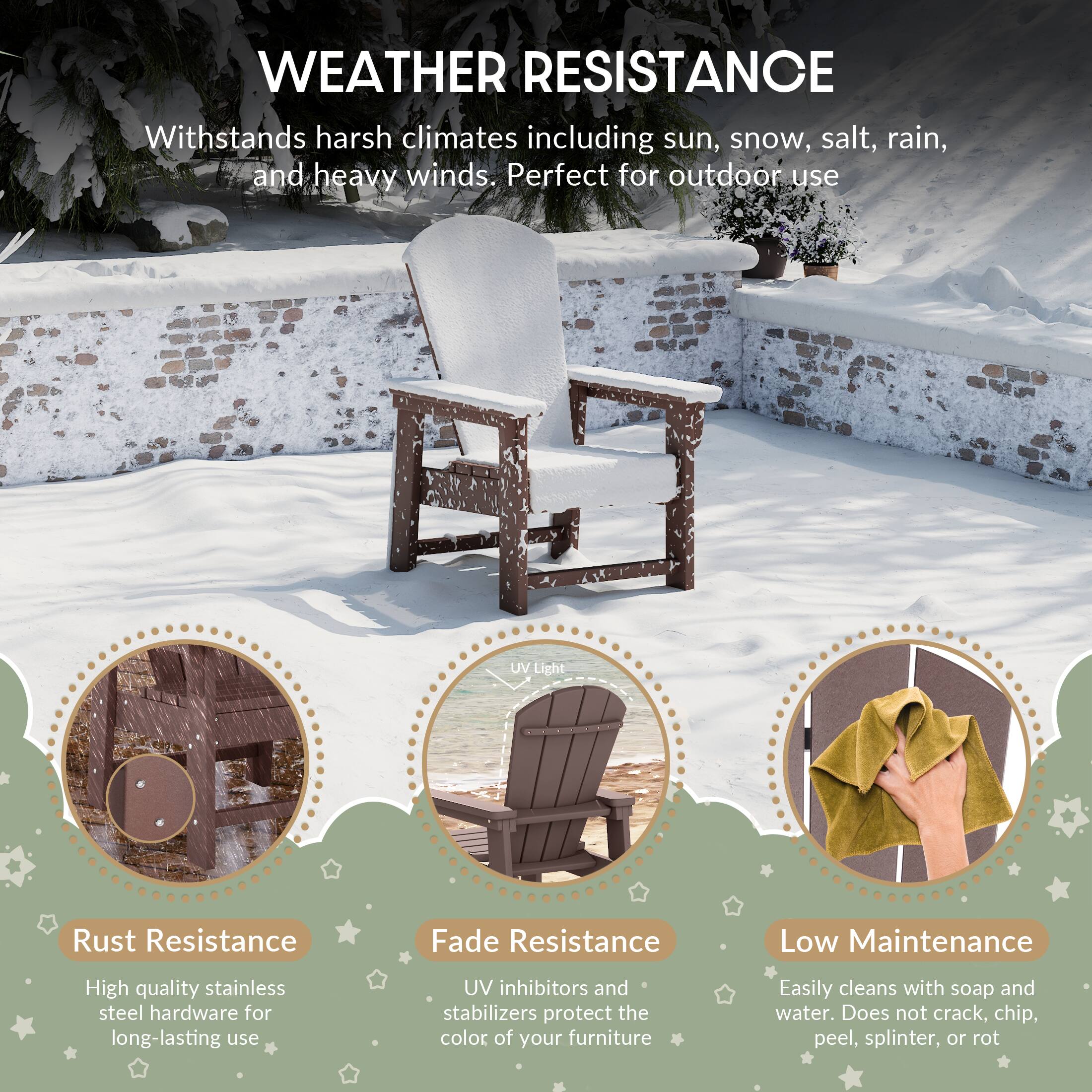 WEATHER RESISTANCE

Withstands harsh climates including sun, snow, salt, rain, and heavy winds. Perfect for outdoor use

UV Light

Rust Resistance
- High quality stainless steel hardware for long-lasting use

Fade Resistance
- UV inhibitors and stabilizers protect the color of your furniture

Low Maintenance
- Easily cleans with soap and water. Does not crack, chip, peel, splinter, or rot