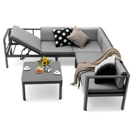 Costway - 3PCS Patio Furniture Set Aluminum Lounge Adjust Back Recliner Sofa Table Cushion - Gray