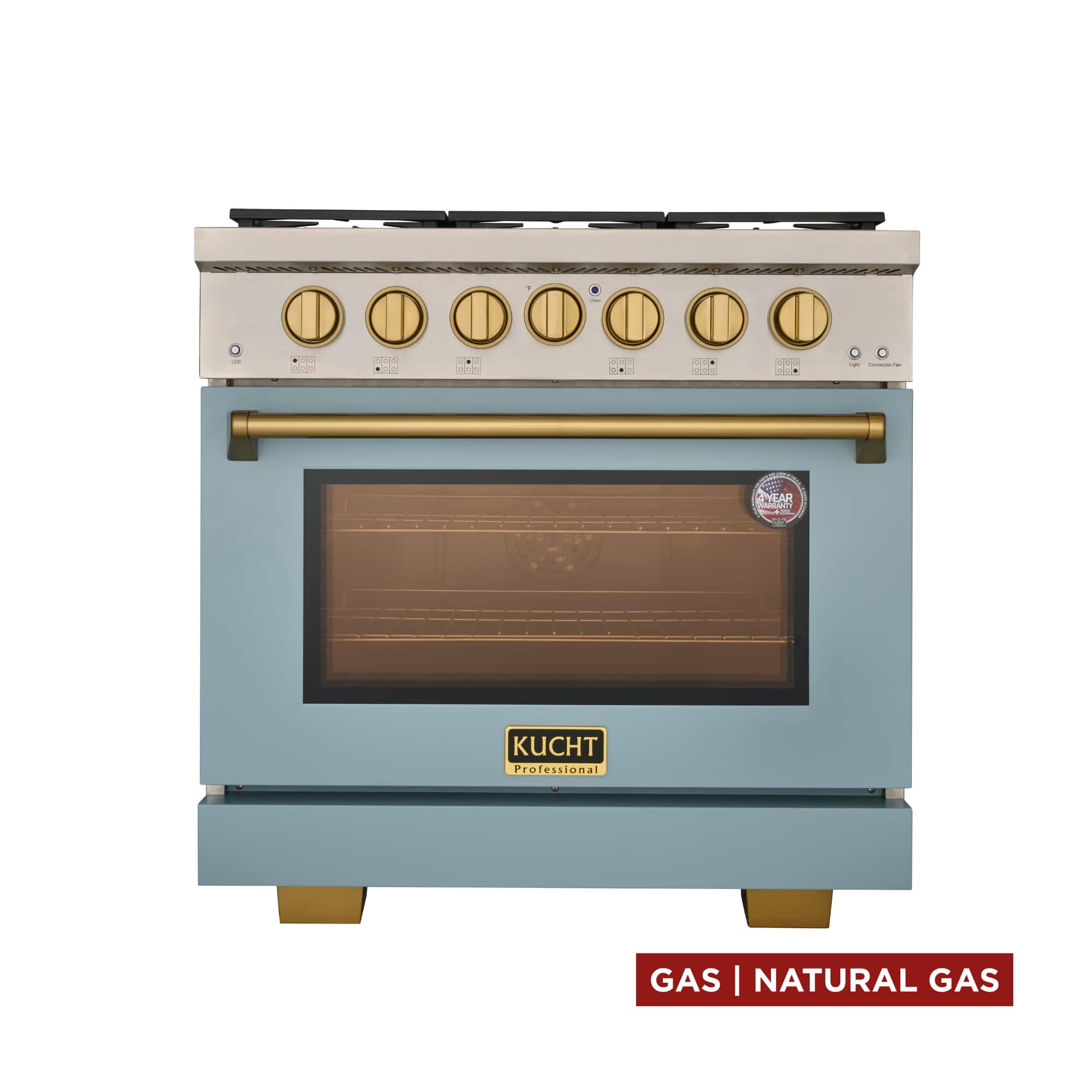 Kucht - 36 in. 5.2 cu. ft. Natural Gas Range and Convection Oven in Light Blue with gold knobs True Simmer Burners - Light Blue price history on PriceWatchPro