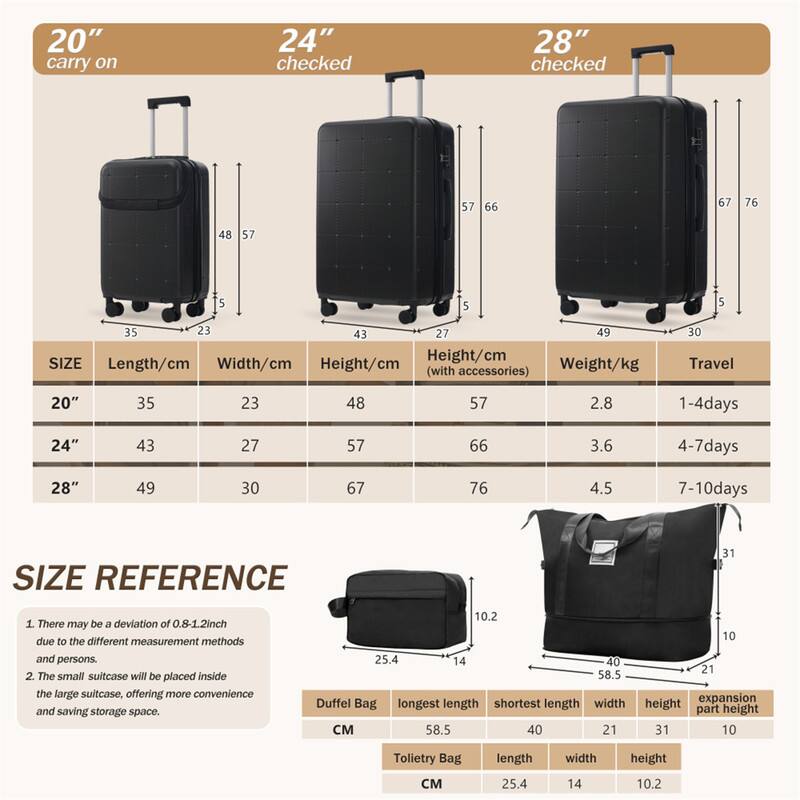 20" carry on  
24" checked  
28" checked  

57 66 67 76 48 57 5 5 5 35 23 43 27 49  

SIZE  
Height/cm  
Length/cm  
Width/cm  
Height/cm (with accessories)  
Weight/kg  
Travel  

20"  
35 23 48 57 2.8 1-4days  

24"  
43 27 57 66 3.6 4-7days  

28"  
49 30 67 76 4.5 7-10days  

SIZE REFERENCE  

1. There may be a deviation of 0.8-1.2inch due to the different measurement methods and persons.  
2. The small suitcase will be placed inside the large suitcase, offering more convenience and saving storage space.  

Duffel Bag  
CM  
longest length 58.5  
shortest length 40  
width 21  
height 31  
expansion part height 10  

Toiletry Bag  
CM  
length