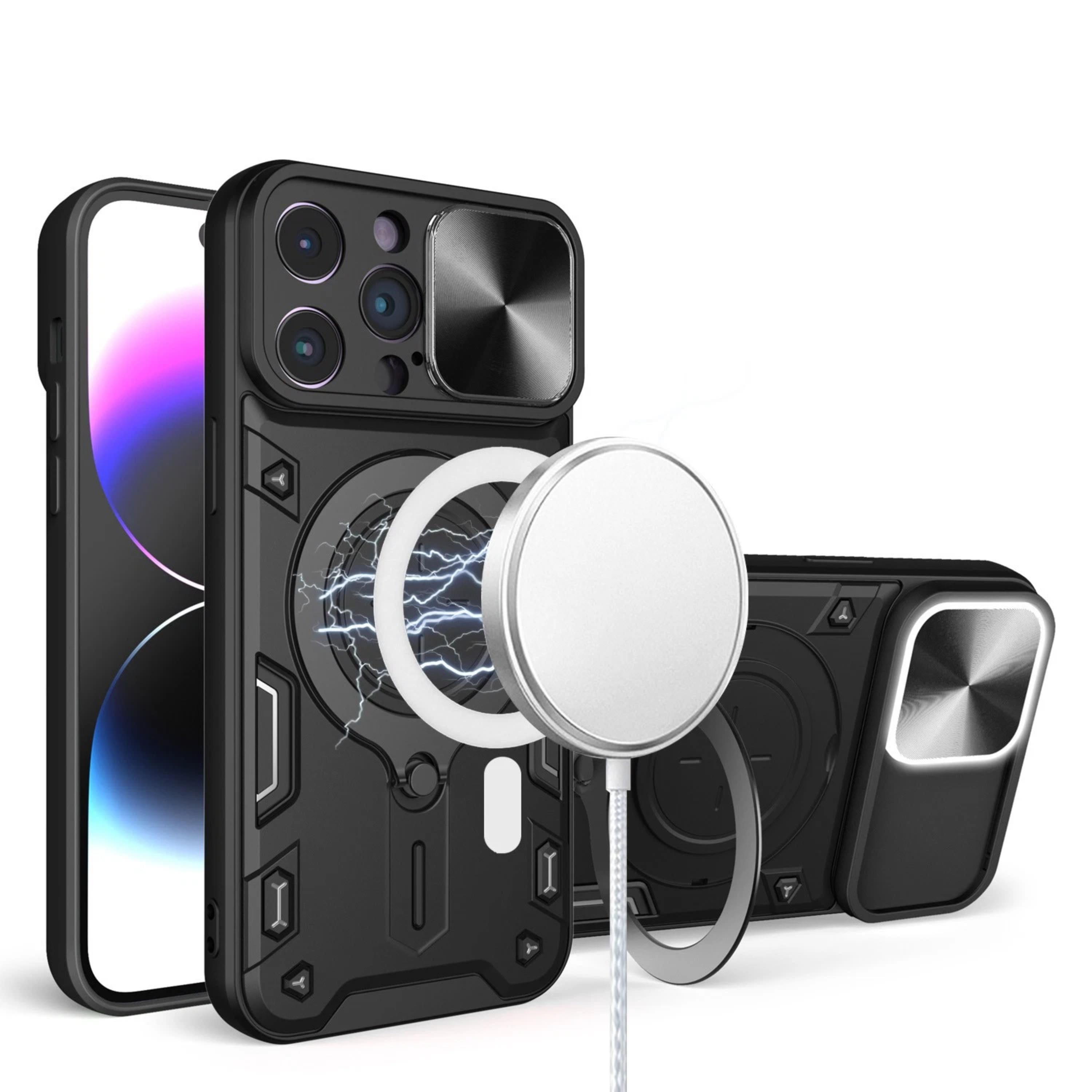 Kitcheniva - Magnetic Sliding Lens Stand Case For iPhone 14 Pro Max - Black