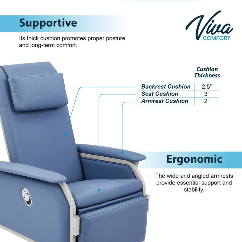 Supportive: Its thick cushion promotes proper posture and long-term comfort.  
Viva COMFORT  
Cushion Thickness:  
- Backrest Cushion: 2.5"  
- Seat Cushion: 3"  
- Armrest Cushion: 2"  

Ergonomic: The wide and angled armrests provide essential support and stability.
