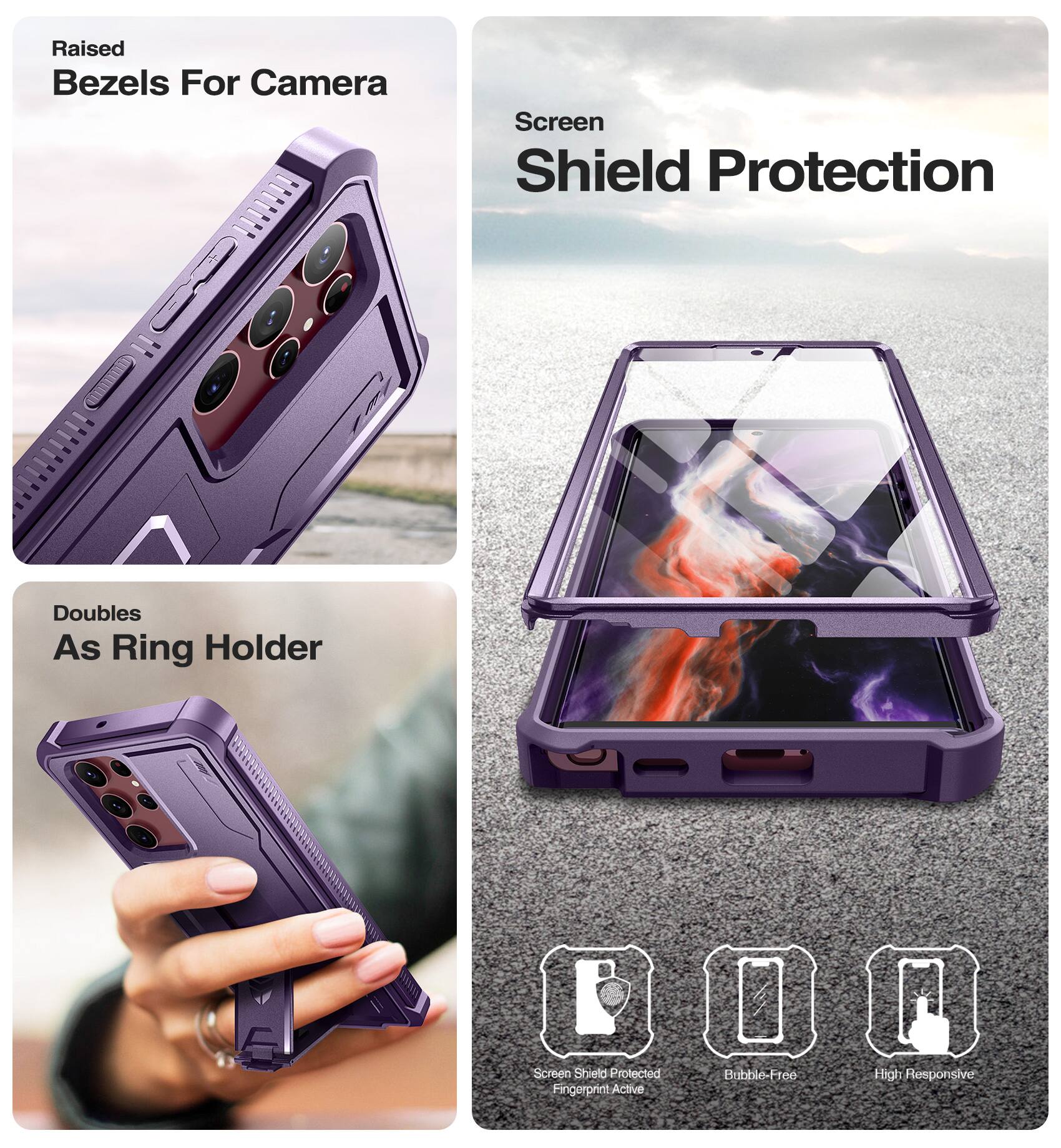 Raised Bezels For Camera, Screen Shield Protection, Doubles As Ring Holder, Screen Shield Protected, Fingerprint Active, Bubble-Free, High Responsive