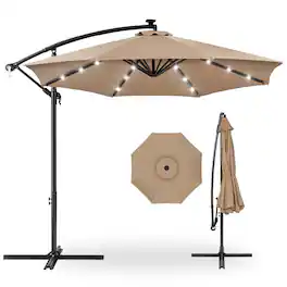 Best Choice Products - 10ft Solar LED Offset Hanging Outdoor Market Patio Umbrella w/ Adjustable Tilt - Tan