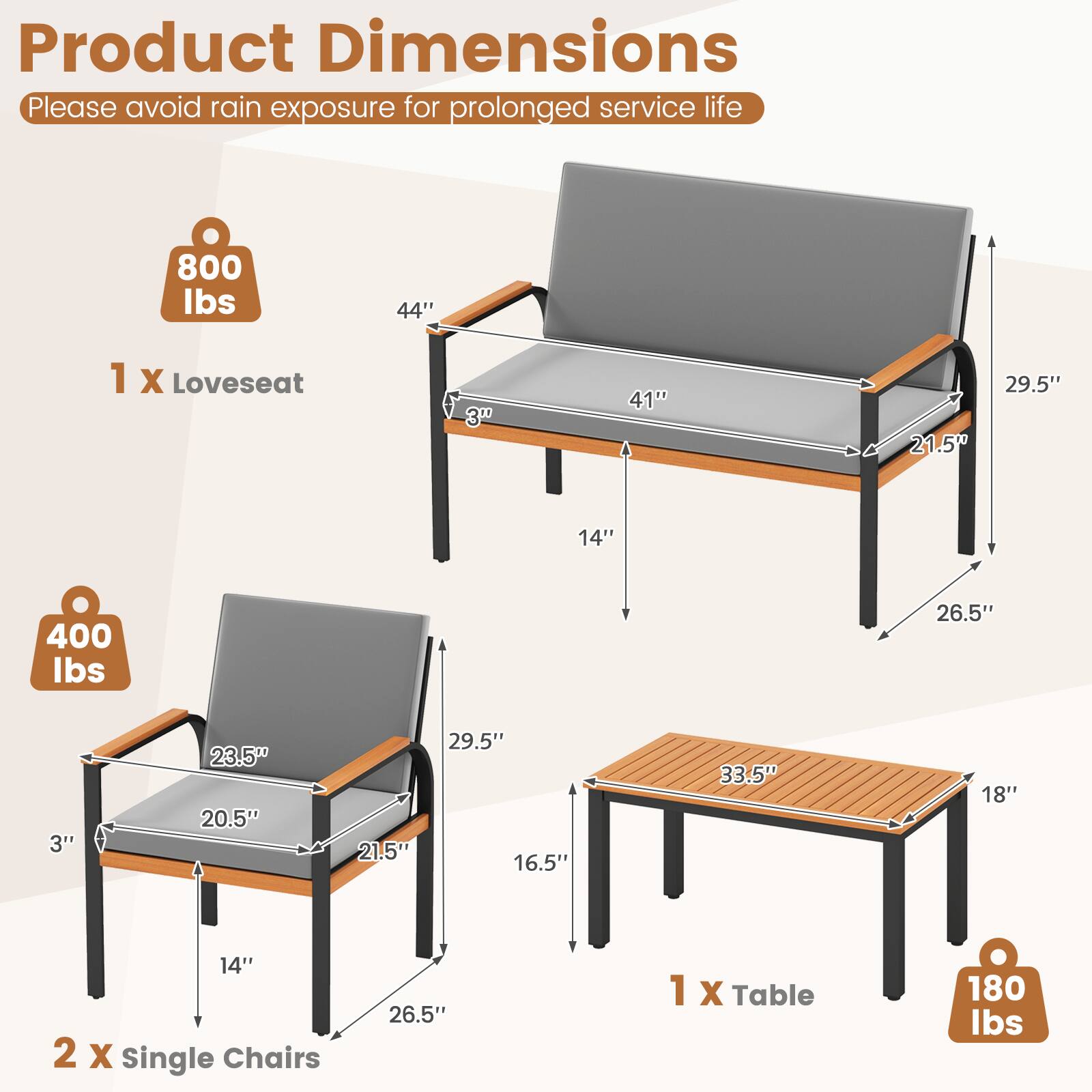 Product Dimensions  
Please avoid rain exposure for prolonged service life  

1 X Loveseat  
- Weight: 800 lbs  
- Dimensions: 44" (L) x 41" (W) x 29.5" (H) x 21.5" (D) x 14" (Seat Height)  

2 X Single Chairs  
- Weight: 400 lbs  
- Dimensions: 26.5" (L) x 23.5" (W) x 29.5" (H) x 20.5" (D) x 14" (Seat Height)  

1 X Table  
- Weight: 180 lbs  
- Dimensions: 33.5" (L) x 18" (W) x 16.5" (H)