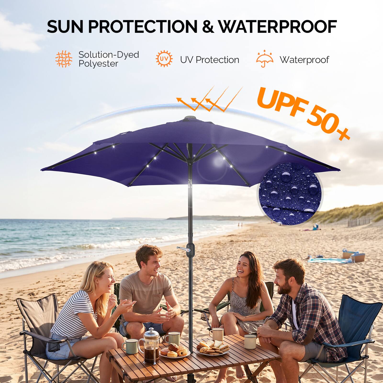 SUN PROTECTION & WATERPROOF

- Solution-Dyed Polyester
- UV Protection
- Waterproof

UPF 50+