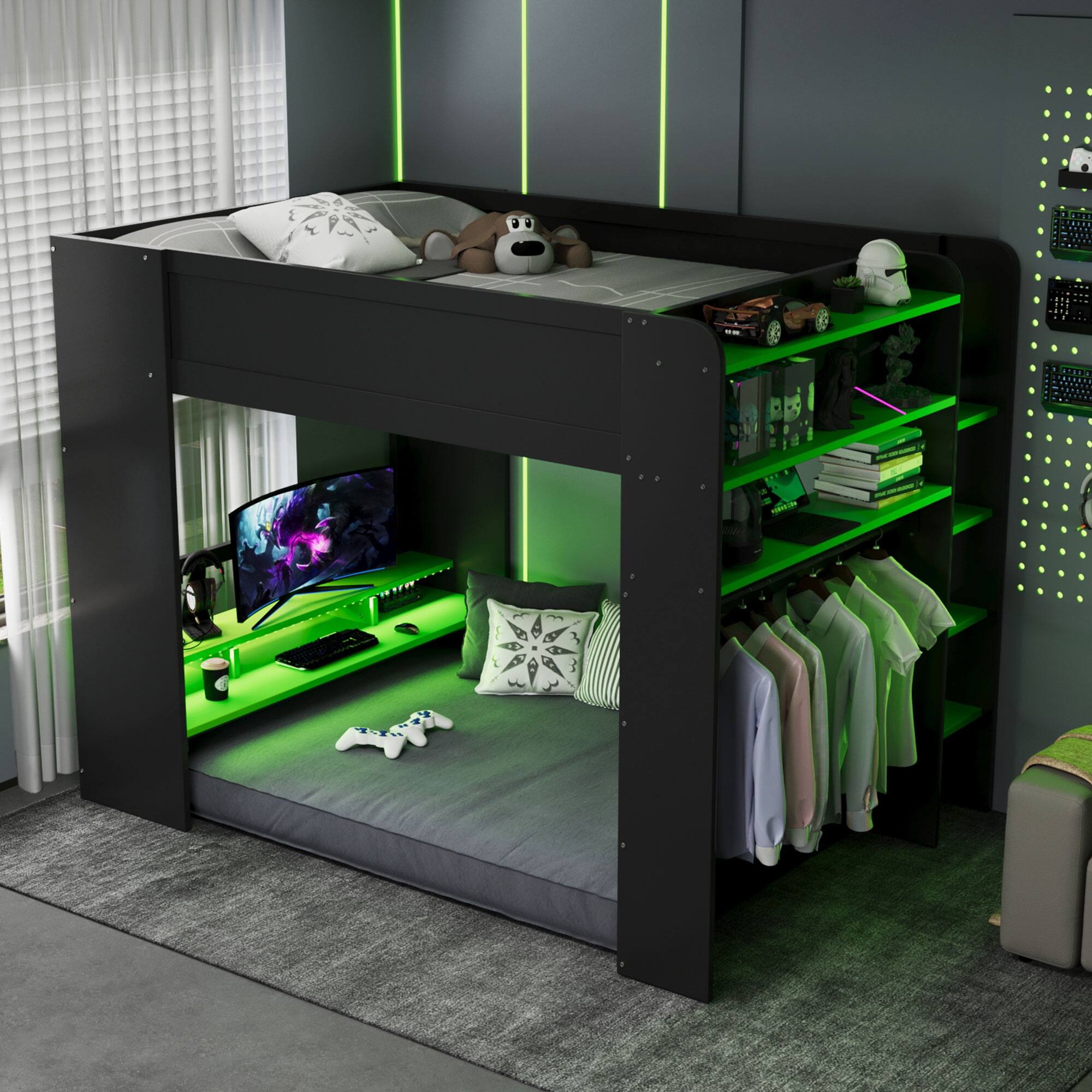 Angle. Anysun - Full Size Wood Bunk Bed with height-adjustable Desk,Wardrobe,Ample Storage Space,and RGB Light - Green.