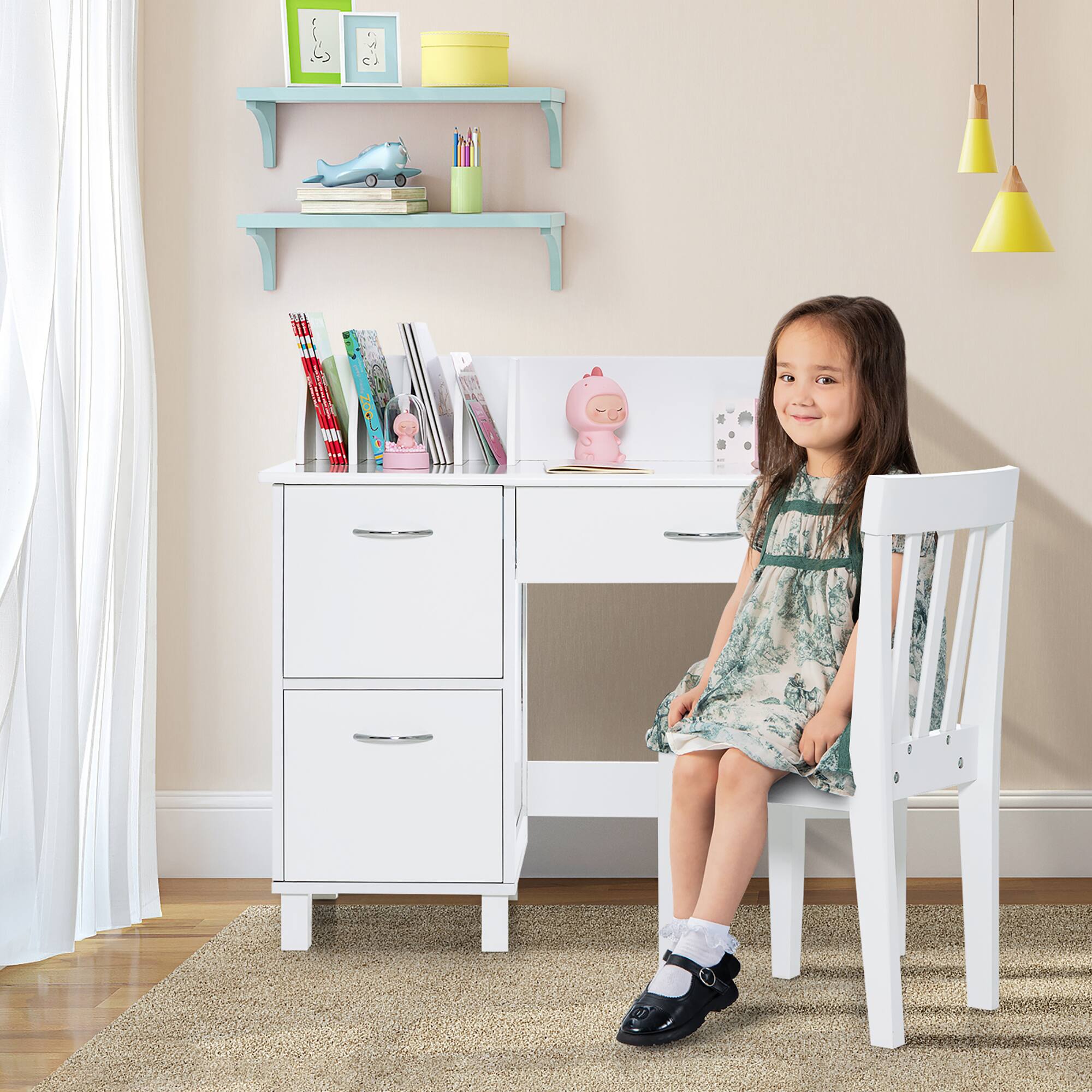 Alt View 2. Costway - Costway Kids Wooden Study Desk & Chair Writing Table w/Drawer Storage Cabinet - White.