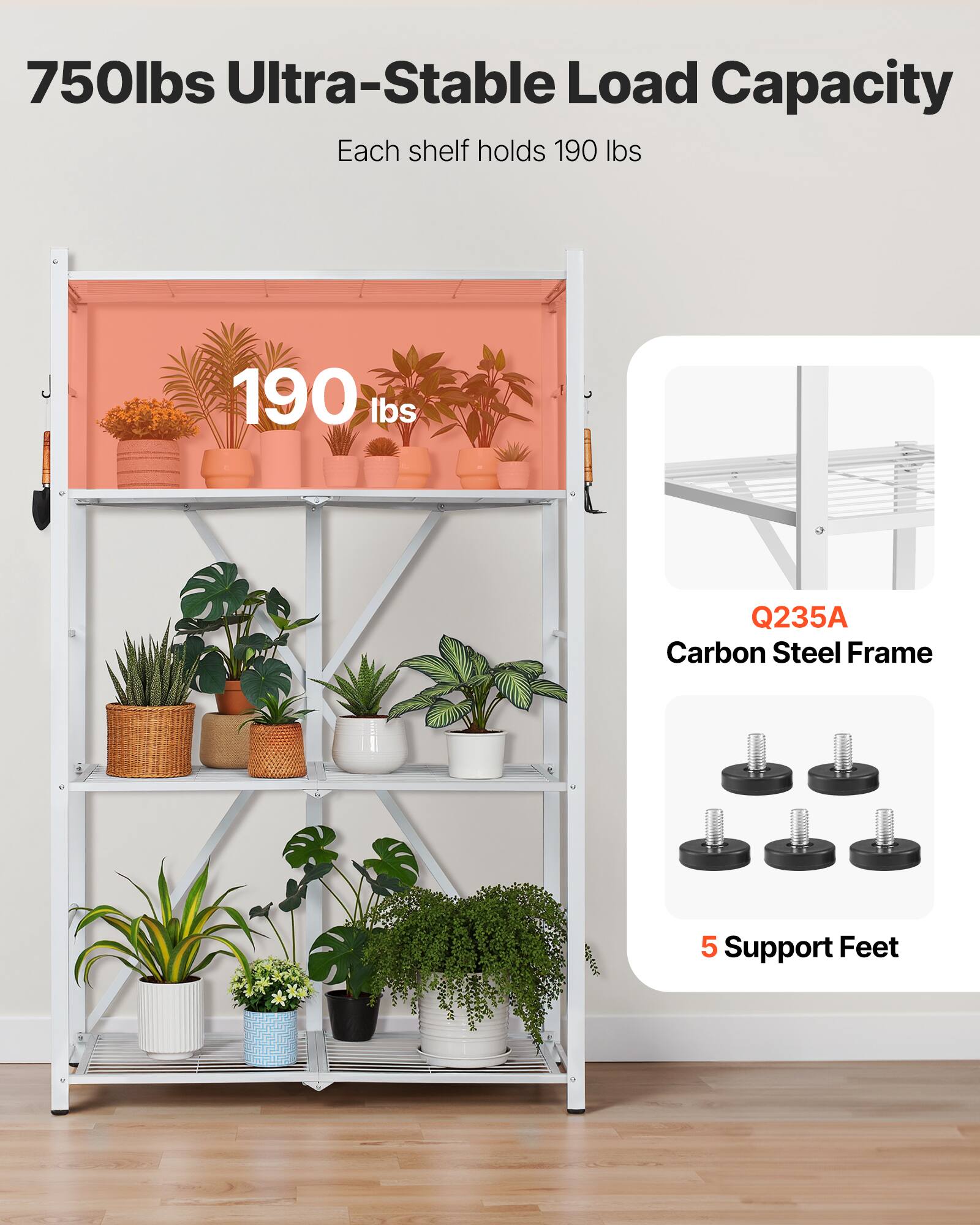 750lbs Ultra-Stable Load Capacity, Each shelf holds 190 lbs, 190 lbs, Q235A Carbon Steel Frame, 5 Support Feet