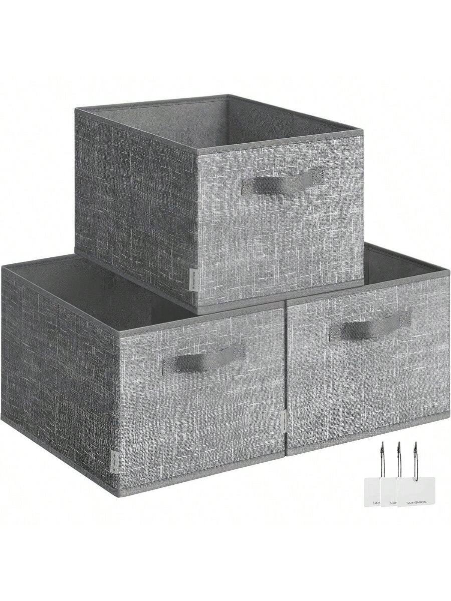Front. Live At Space - Storage Baskets, Set of 3 Fabric Storage Bins, 15. 11.8x 9.5 Inches, Foldable Closet Organizer Shelves, 2 Handles, Label.