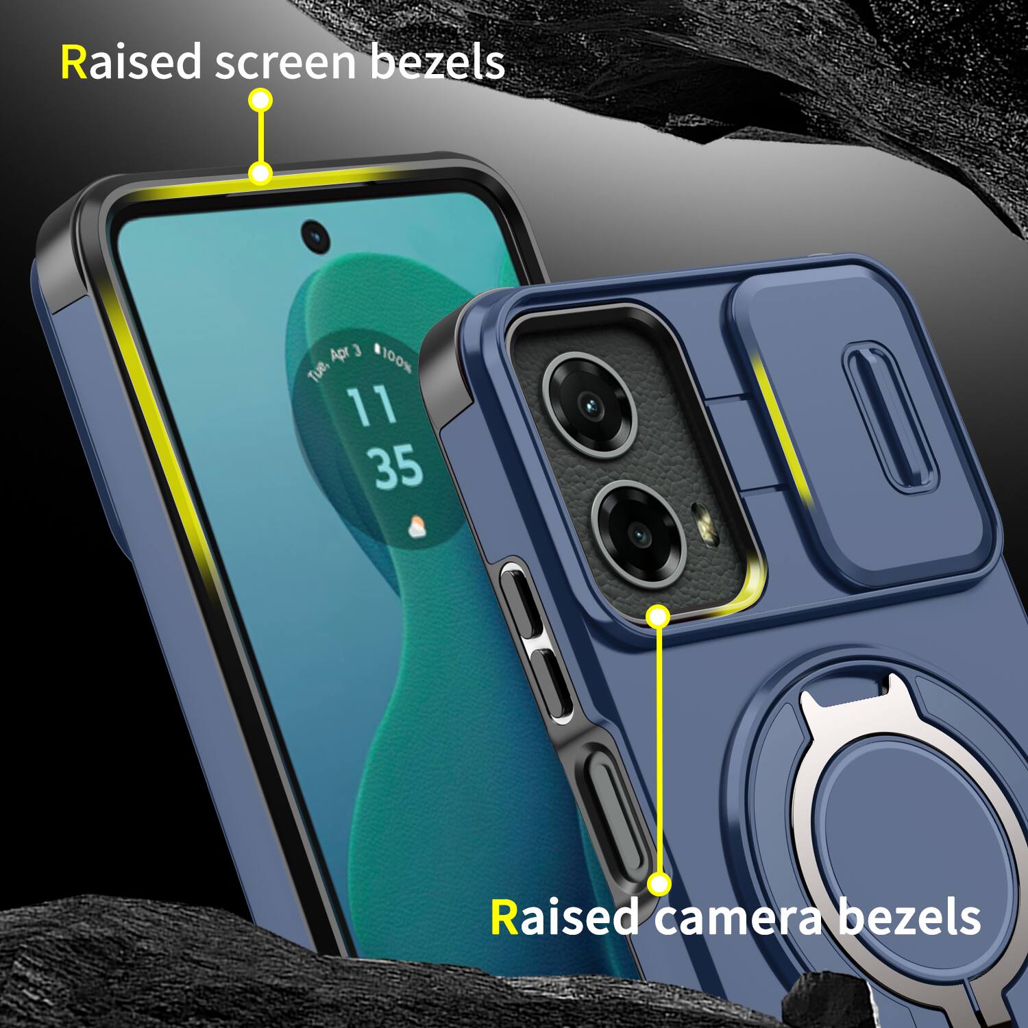 Raised screen bezels  
Raised camera bezels