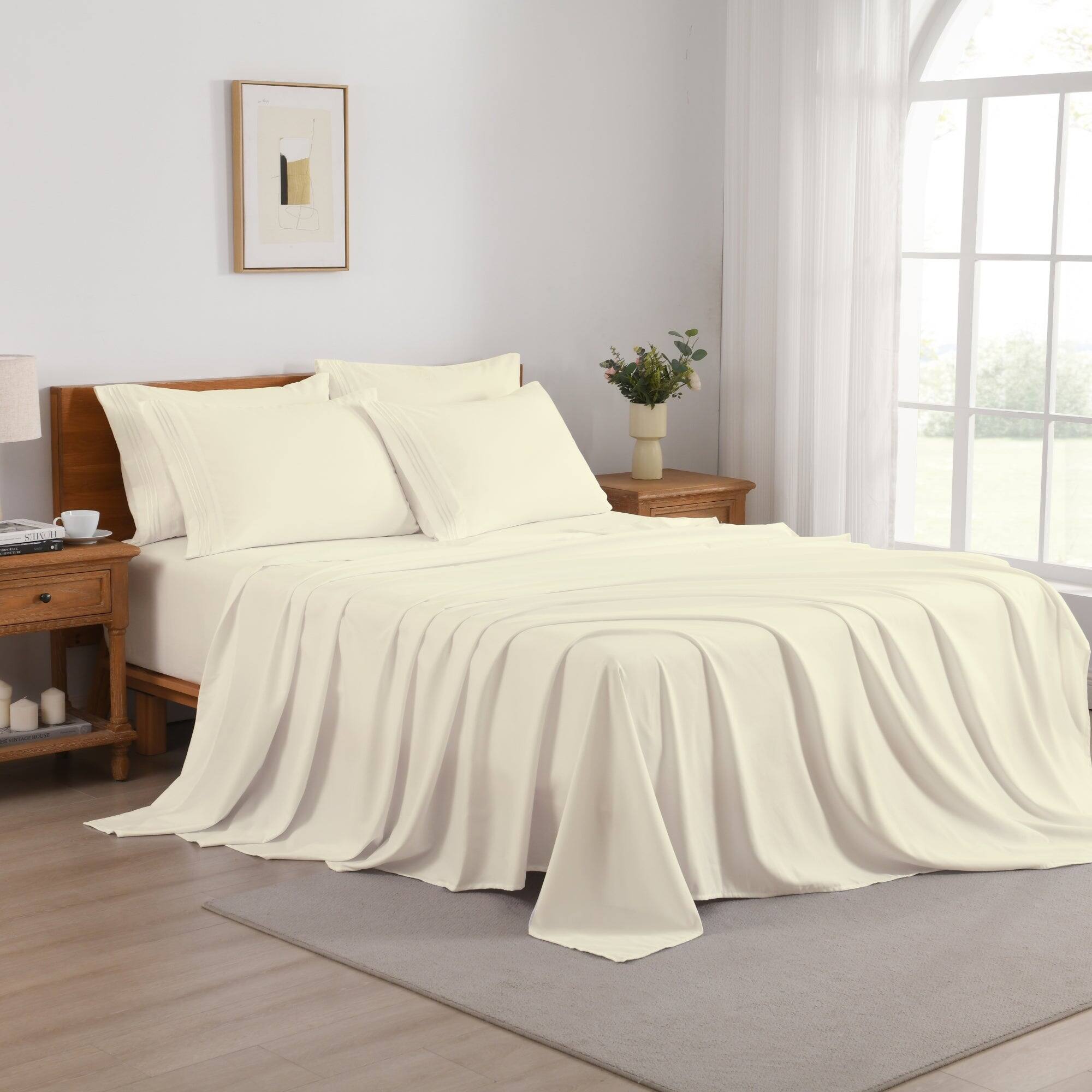 Angle. MarCielo - Marcielo 4/6 Pcs Soft Solid & Embroidery Bed Sheets Set - Cream.