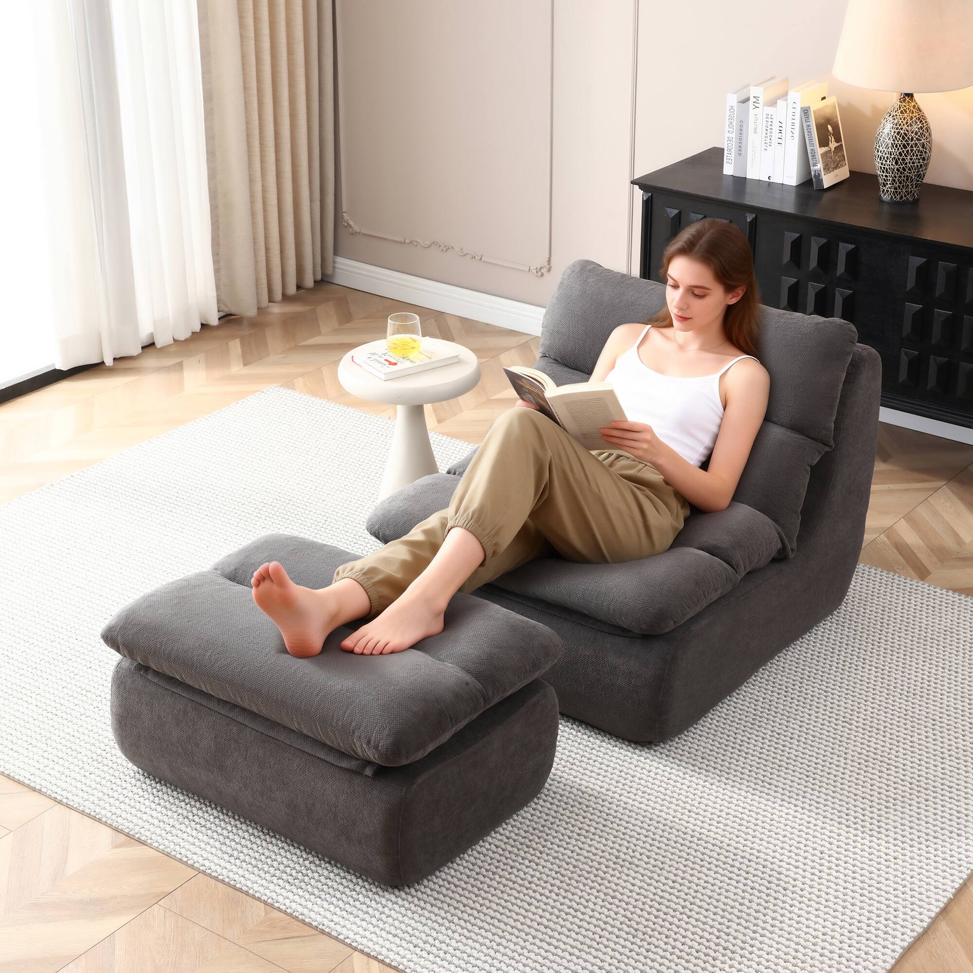 Left. LOVMOR - 32 Inch Cotton Bean Bag Chairs For Living Room Bedroom Dorm Indoor Lounge Seating Comfort Supportive Room Home - Grey.