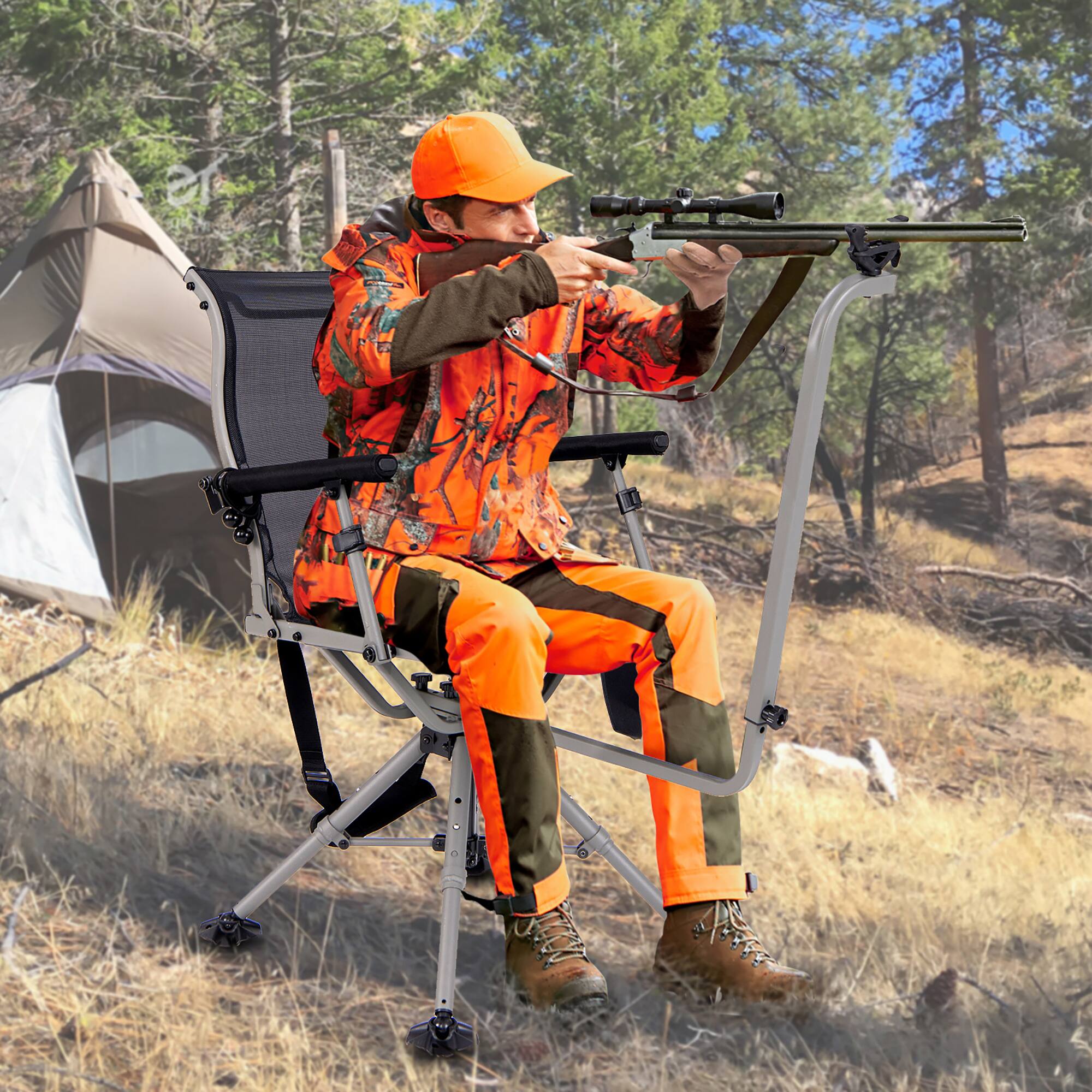 Alt View 3. Gymax - Gymax Shooting & Hunting Chair w/ 3 Position Adjustable Legs 360° Silent Swivel - Black, Grey.
