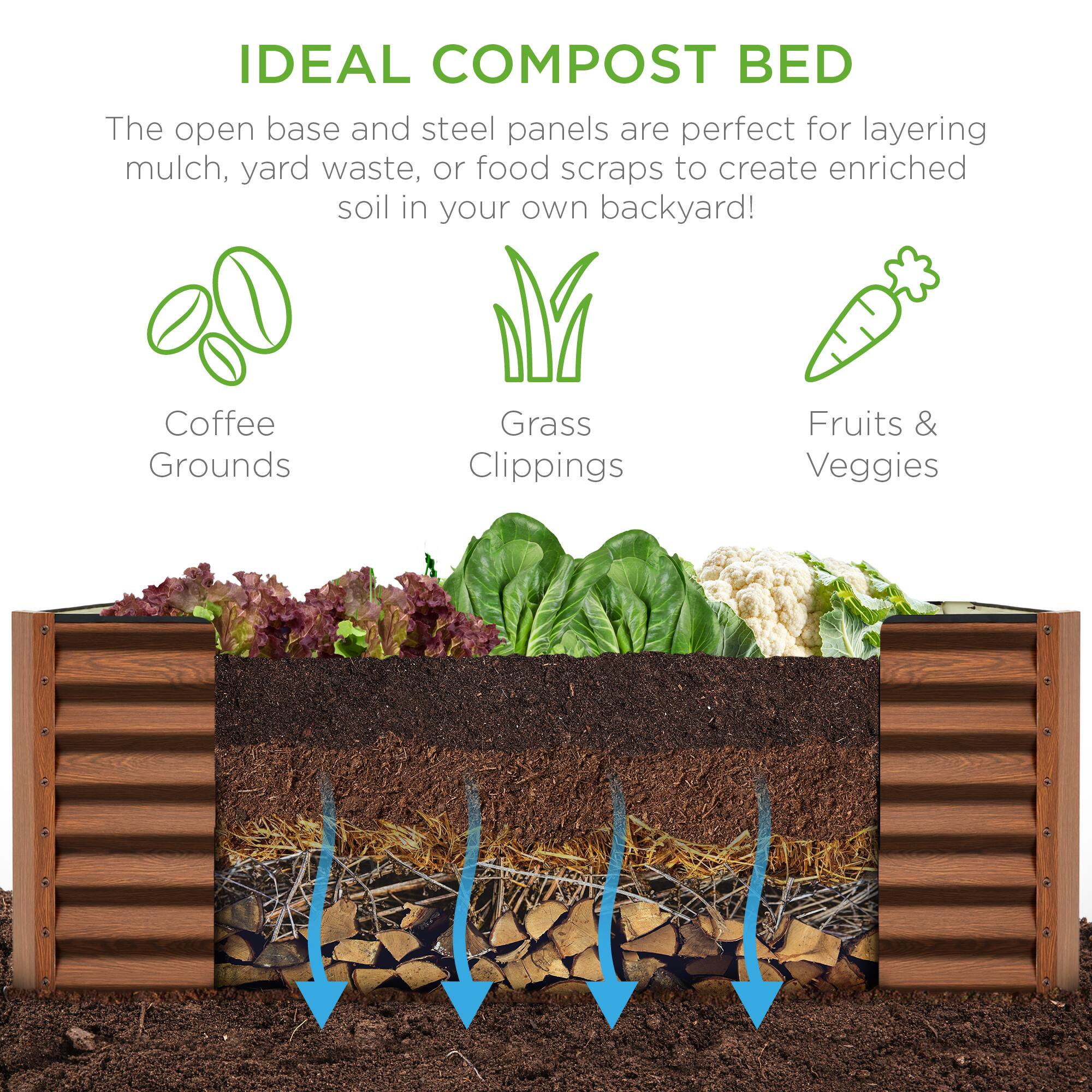 IDEAL COMPOST BED

The open base and steel panels are perfect for layering mulch, yard waste, or food scraps to create enriched soil in your own backyard!

- Coffee Grounds
- Grass Clippings
- Fruits & Veggies