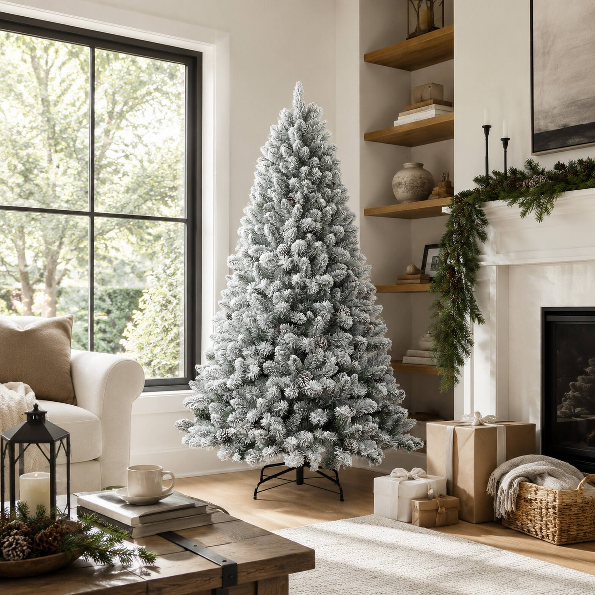 Back. RYHNUYNE - 5FT Flocked Christmas Tree With Pine Cones, 600 Snowy PVC Tips 27 Natural Pinecones Full Shape Sturdy Metal Stand - Green,White.
