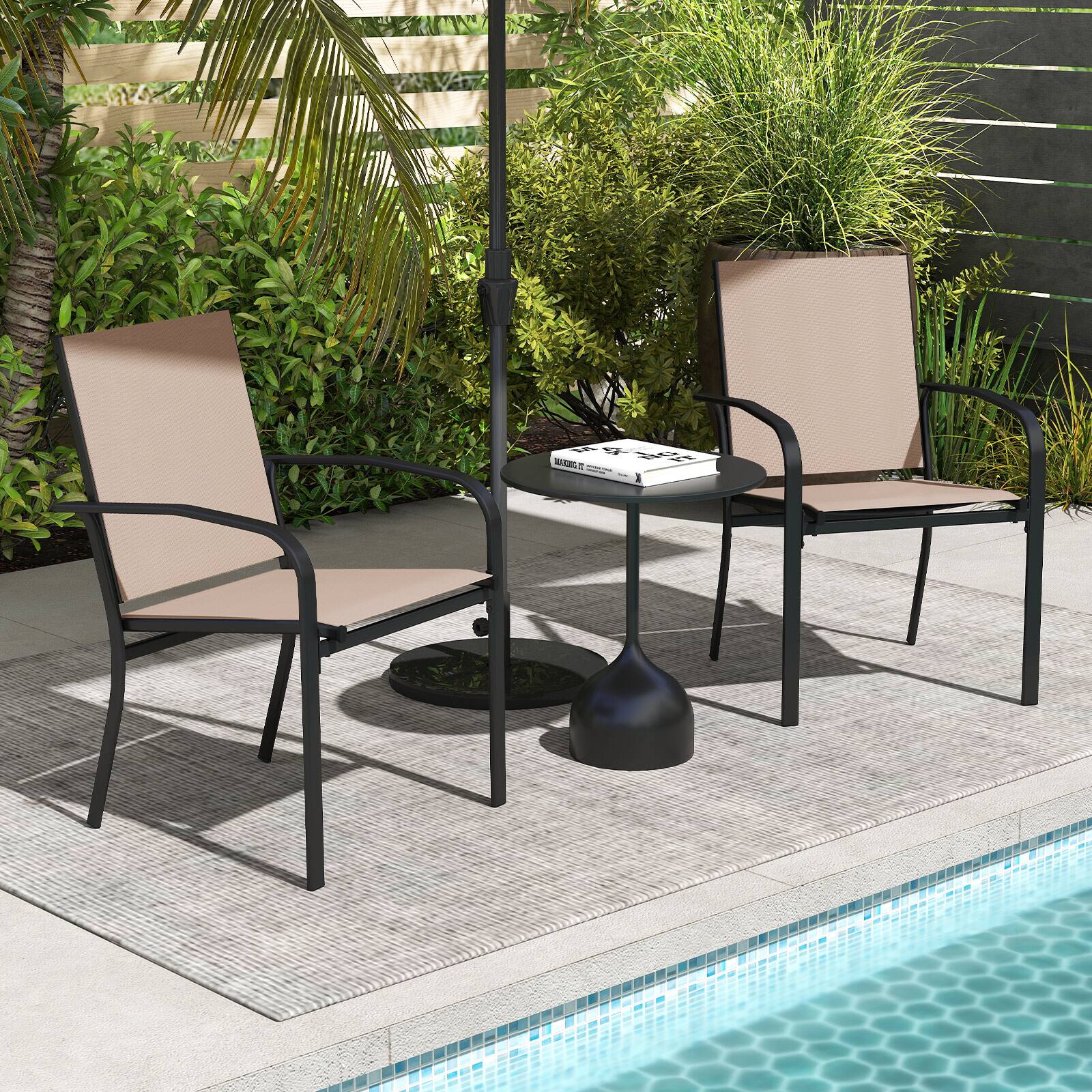 Alt View 3. Gymax - Gymax Outdoor Dining Chairs Set of 4 w/ Breathable Fabric Armrests High Back - Coffee, Black.